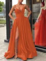 A-Line/Princess Straps Sweep Train Satin Prom Dress With Leg Slit