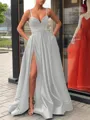 A-Line/Princess Straps Sweep Train Satin Prom Dress With Leg Slit