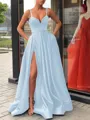 A-Line/Princess Straps Sweep Train Satin Prom Dress With Leg Slit