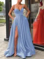 A-Line/Princess Straps Sweep Train Satin Prom Dress With Leg Slit