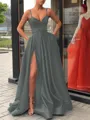 A-Line/Princess Straps Sweep Train Satin Prom Dress With Leg Slit