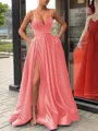 A-Line/Princess Straps Sweep Train Satin Prom Dress With Leg Slit