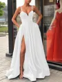 A-Line/Princess Straps Sweep Train Satin Prom Dress With Leg Slit