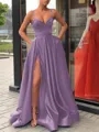A-Line/Princess Straps Sweep Train Satin Prom Dress With Leg Slit