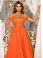 A-Line/Princess Tulle V-neck Appliques Lace Spaghetti Straps Sweep Train Porm Dress