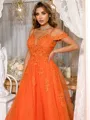 A-Line/Princess Tulle V-neck Appliques Lace Spaghetti Straps Sweep Train Porm Dress