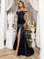 Sheath/Column Ruched Sweetheart Silk Like Satin Off-the-Shoulder Sweep Train Porm Dress