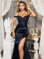 Sheath/Column Ruched Sweetheart Silk Like Satin Off-the-Shoulder Sweep Train Porm Dress
