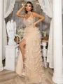 A-Line/Princess Tulle V-neck Appliques Lace Sweep Train Porm Dress