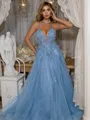 A-Line V-neck Tulle Spaghetti Straps Appliques Lace Sweep Train Porm Dress