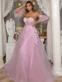 A-Line Sweetheart Ruffles Strapless Appliques Lace Sweep Train Porm Dress