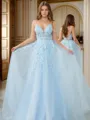 A-line V-neck Appliques Lace Floor-Length Tulle Corset Porm Dress