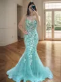 Sheath V-neck Appliques Lace Sweep Train Tulle Corset Porm Dress
