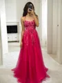 A-line Spaghetti Straps Appliques Lace Sweep Train Tulle Porm Dress