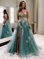 A-line V-neck Appliques Lace Sweep Train Tulle Porm Dress