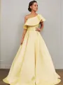 A-Line/Princess One-Shoulder Floor-Length Satin Prom Dress With Ruffles