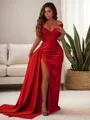 Sheath/Column Off-the-Shoulder Floor-Length Silk Like Satin Porm Dress with Leg Slit