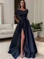 A-Line/Princess Off-the-Shoulder Floor-Length Satin Porm Dress with Leg Slit