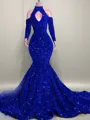 Trumpet/Mermaid High Neck Long Sleeves Chapel Train Velvet Sequins Porm Dress