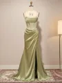 Sheath Spaghetti Straps Pleated Sweep Train Silk Like Satin Corset Porm Dress