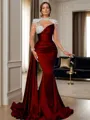 Sheath High Neck Long Sleeves Rhinestone Sweep Train Silk Like Satin Porm Dress