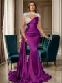 Sheath High Neck Long Sleeves Rhinestone Sweep Train Silk Like Satin Porm Dress