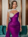 Sheath High Neck Long Sleeves Rhinestone Sweep Train Silk Like Satin Porm Dress