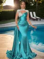 Sheath High Neck Long Sleeves Rhinestone Sweep Train Silk Like Satin Porm Dress