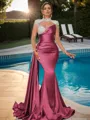 Sheath High Neck Long Sleeves Rhinestone Sweep Train Silk Like Satin Porm Dress