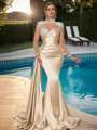 Sheath High Neck Long Sleeves Rhinestone Sweep Train Silk Like Satin Porm Dress