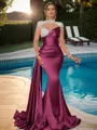 Sheath High Neck Long Sleeves Rhinestone Sweep Train Silk Like Satin Porm Dress