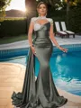 Sheath High Neck Long Sleeves Rhinestone Sweep Train Silk Like Satin Porm Dress