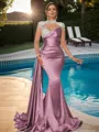 Sheath High Neck Long Sleeves Rhinestone Sweep Train Silk Like Satin Porm Dress