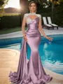 Sheath High Neck Long Sleeves Rhinestone Sweep Train Silk Like Satin Porm Dress