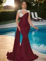 Sheath High Neck Long Sleeves Rhinestone Sweep Train Silk Like Satin Porm Dress
