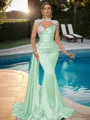Sheath High Neck Long Sleeves Rhinestone Sweep Train Silk Like Satin Porm Dress