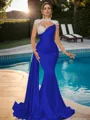 Sheath High Neck Long Sleeves Rhinestone Sweep Train Silk Like Satin Porm Dress