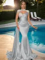 Sheath High Neck Long Sleeves Rhinestone Sweep Train Silk Like Satin Porm Dress