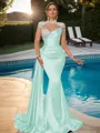 Sheath High Neck Long Sleeves Rhinestone Sweep Train Silk Like Satin Porm Dress