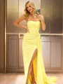 Sheath Straight Pleated Sweep Train Silk Like Satin Porm Dress