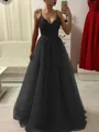 A-Line/Princess Spaghetti Straps Floor-Length Tulle Prom Dress With Appliques Lace