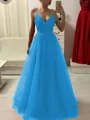 A-Line/Princess Spaghetti Straps Floor-Length Tulle Prom Dress With Appliques Lace