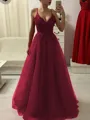 A-Line/Princess Spaghetti Straps Floor-Length Tulle Prom Dress With Appliques Lace