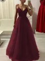 A-Line/Princess Spaghetti Straps Floor-Length Tulle Prom Dress With Appliques Lace