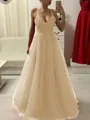 A-Line/Princess Spaghetti Straps Floor-Length Tulle Prom Dress With Appliques Lace