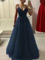 A-Line/Princess Spaghetti Straps Floor-Length Tulle Prom Dress With Appliques Lace