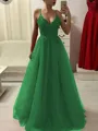 A-Line/Princess Spaghetti Straps Floor-Length Tulle Prom Dress With Appliques Lace