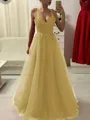 A-Line/Princess Spaghetti Straps Floor-Length Tulle Prom Dress With Appliques Lace