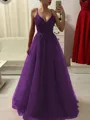 A-Line/Princess Spaghetti Straps Floor-Length Tulle Prom Dress With Appliques Lace