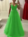 A-Line/Princess Spaghetti Straps Floor-Length Tulle Prom Dress With Appliques Lace